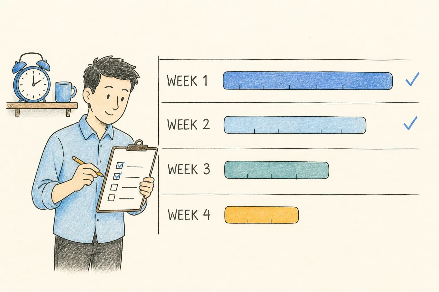 Four weeks, structured around the tasks that actually carry the most items in a PTE Core test, so your practice time lands where the marks are.