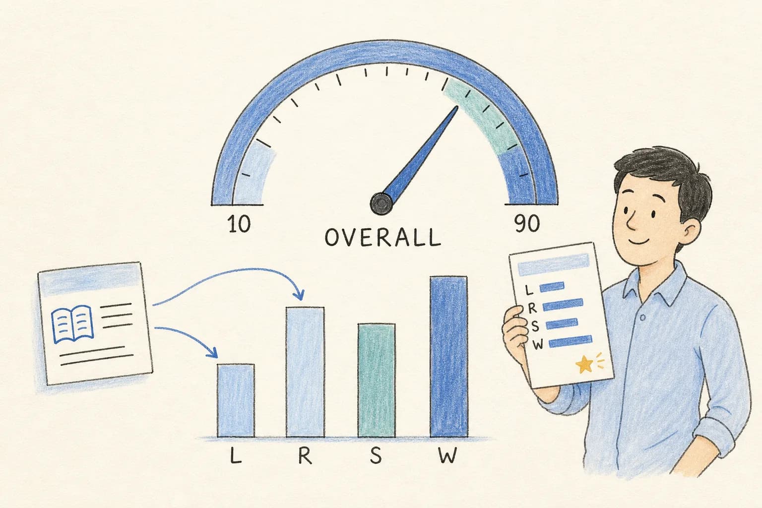Your overall PTE Core score is not the average of your four skill scores. Here is how the 10 to 90 scale, integrated tasks and partial credit actually work.